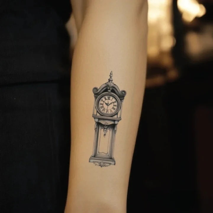 grandfather clock forearm temporary tattoo idea design