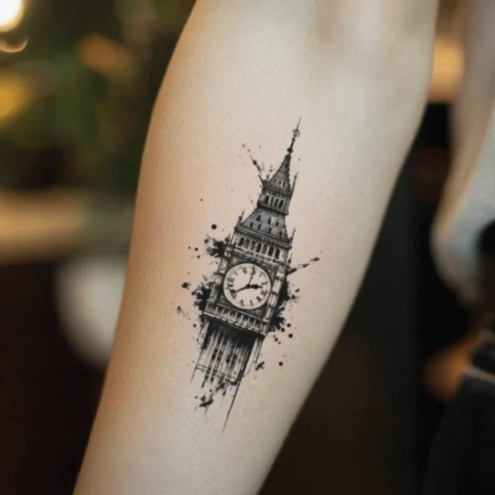 clock tower forearm temporary tattoo idea design
