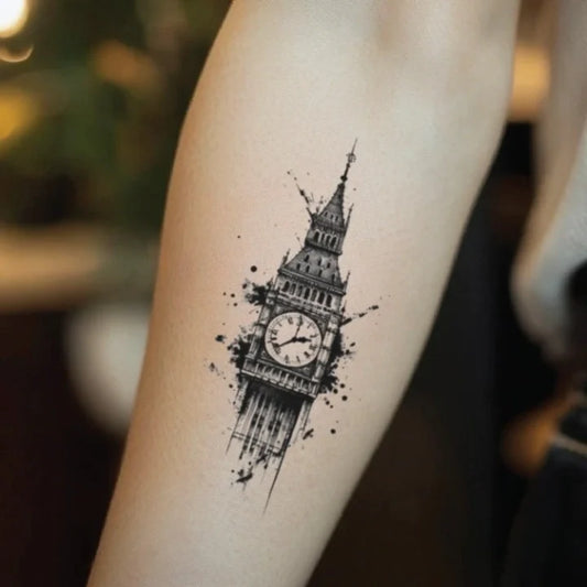 clock tower forearm temporary tattoo idea design