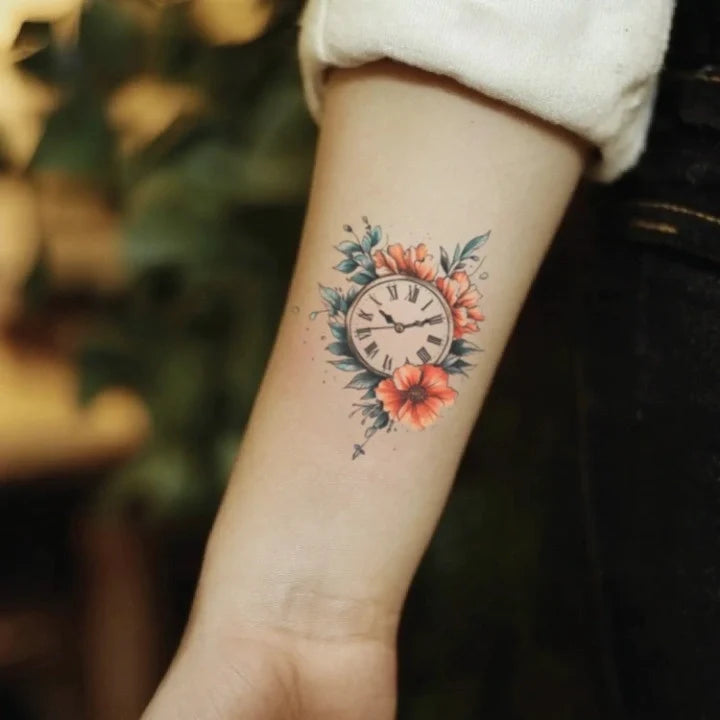 flower clock forearm temporary tattoo idea design