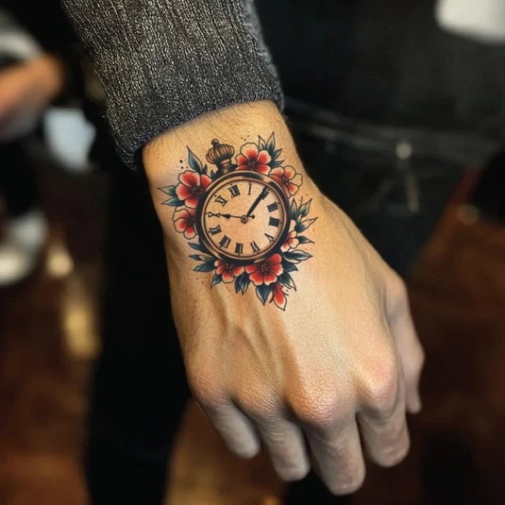 traditional clock hand temporary tattoo idea design