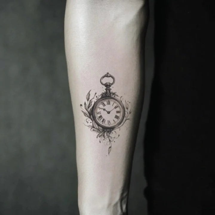 vintage clock forearm temporary tattoo idea design