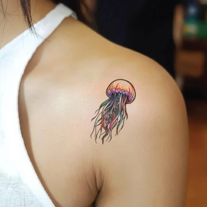 2d colorful jellyfish shoulder temporary tattoo idea design