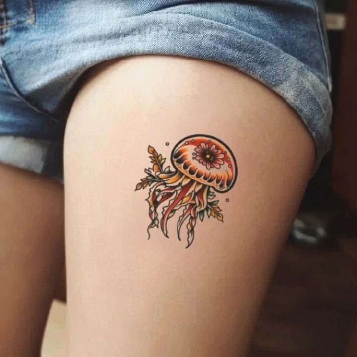 traditional jellyfish thigh temporary tattoo idea design