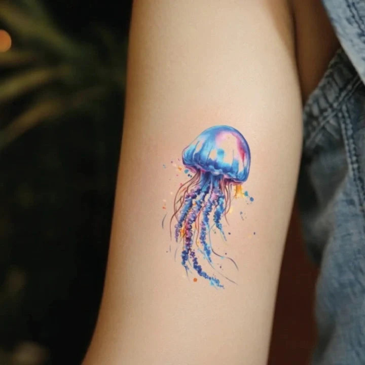 watercolor jellyfish bicep temporary tattoo idea design
