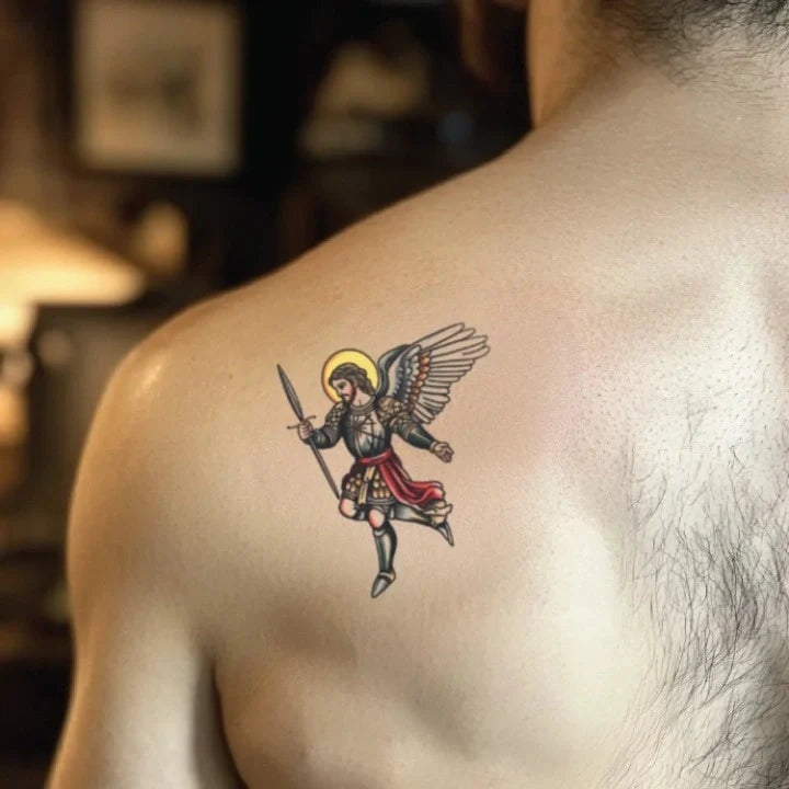 st michael traditional shoulder temporary tattoo idea design