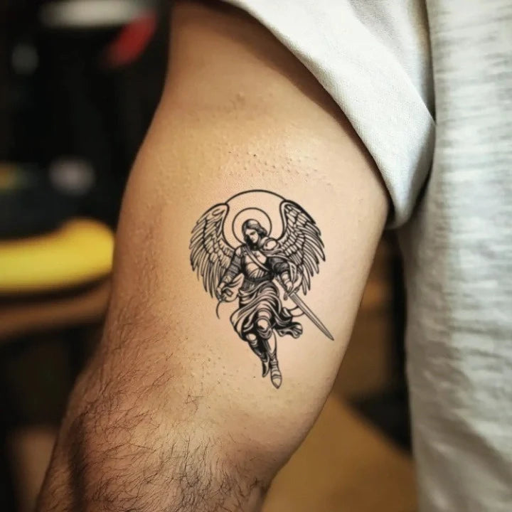 outline st michael bicep temporary tattoo idea design