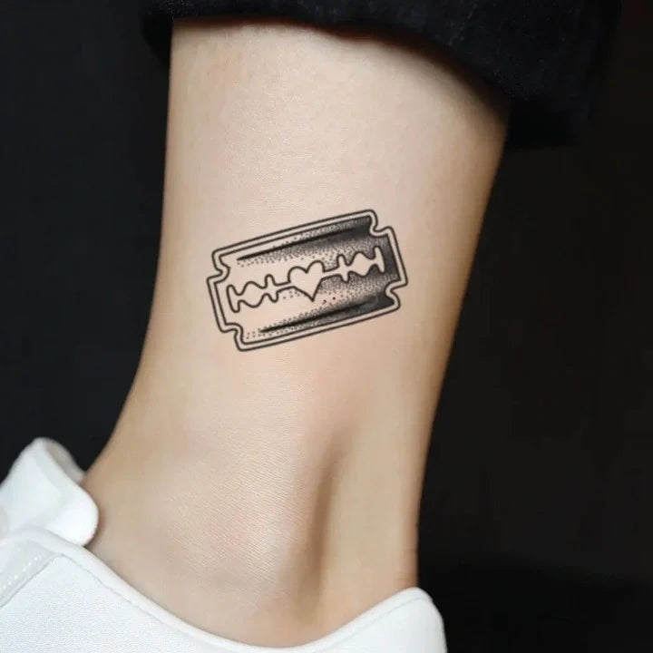 dotted razor blade outline ankle temporary tattoo idea design