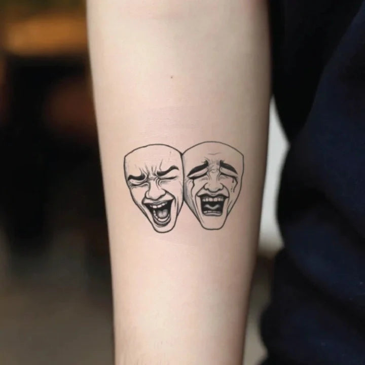 modern drama masks forearm temporary tattoo idea design