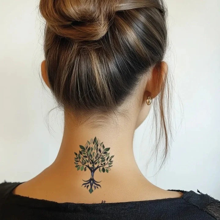 geometric family tree neck temporary tattoo idea design