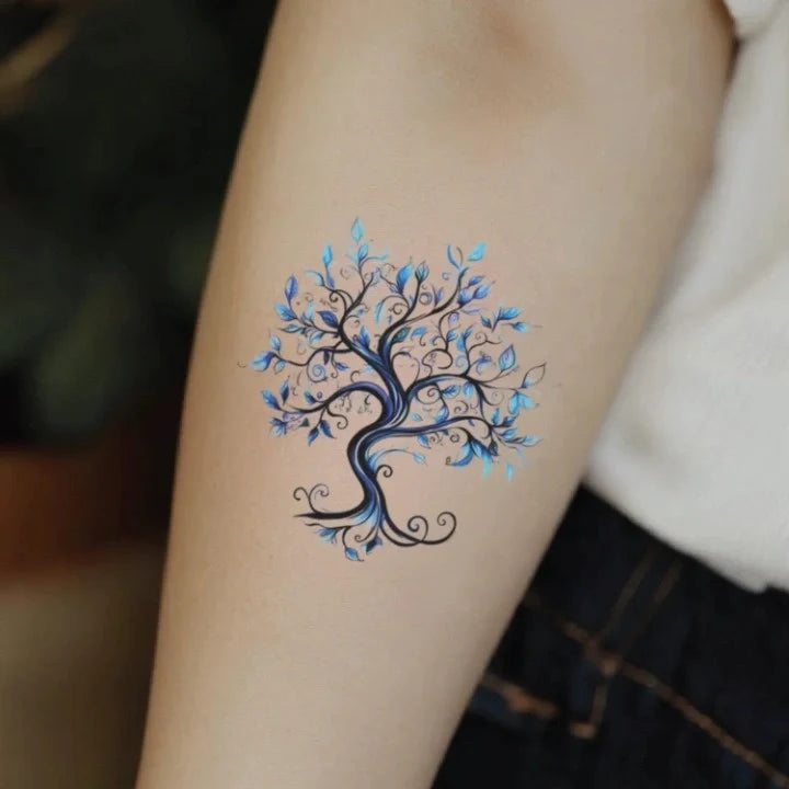 blue family tree forearm temporary tattoo idea design