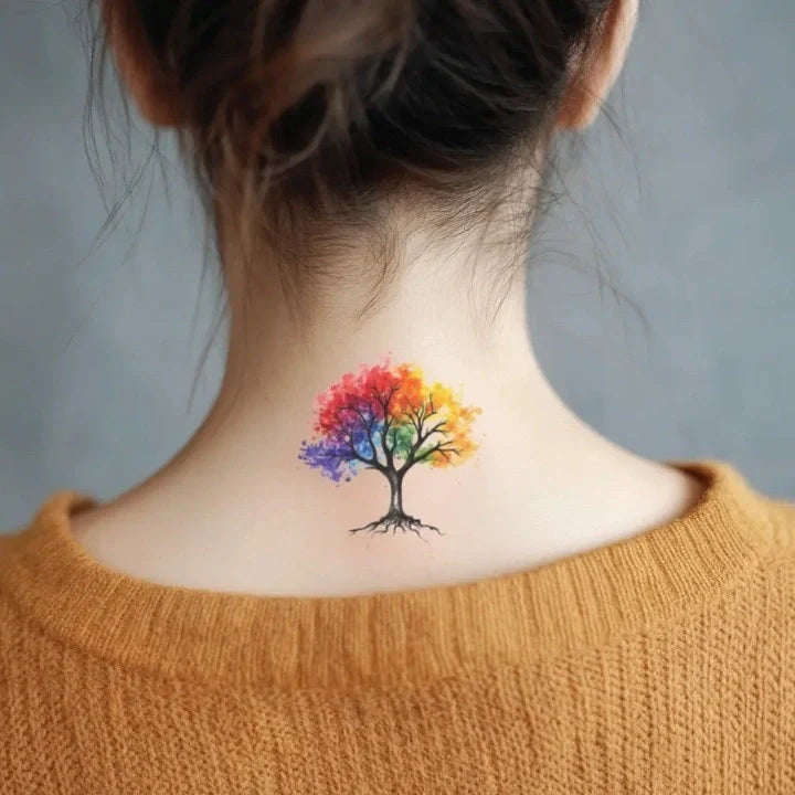 watercolor family tree neck temporary tattoo idea design