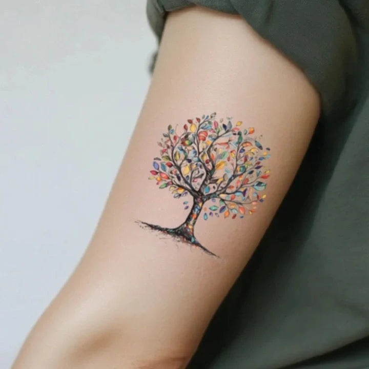 colorful family tree bicep temporary tattoo idea design