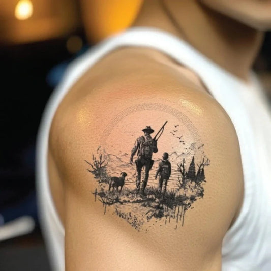 father and son hunting shoulder temporary tattoo idea design