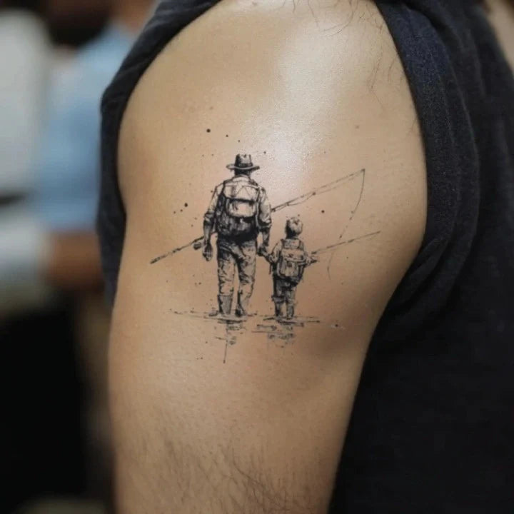 father and son fishing bicep temporary tattoo idea design