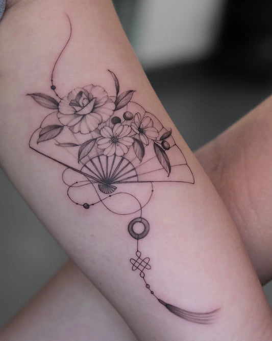 flower and japanese fan fine line tattoo on arm