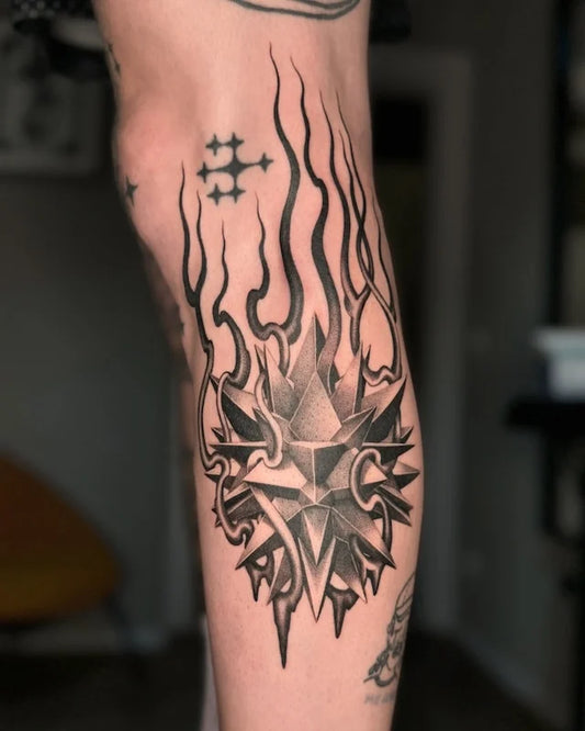 black and grey dotwork 3d abstract geometric tattoo on man leg