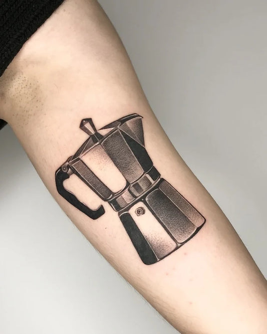 black and grey dotwork 3d coffee maker tattoo on arm