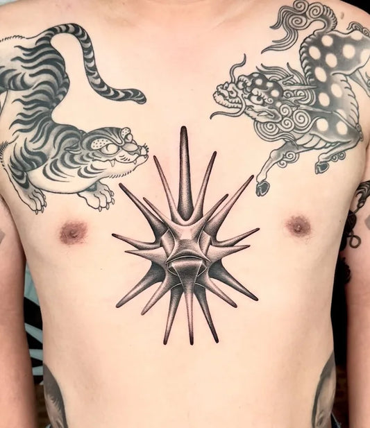black and grey dotwork 3d geometric star tattoo on man sternum