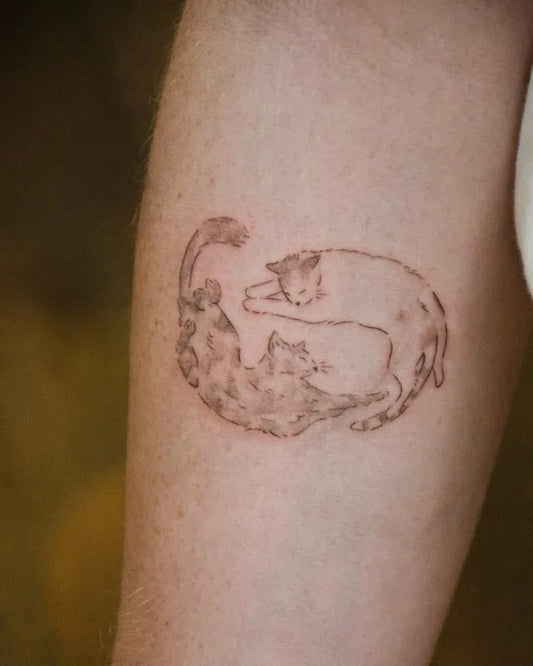 two lazy cats outline minimalist tattoo on arm