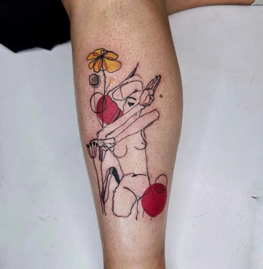 abstract woman fine line tattoo on leg