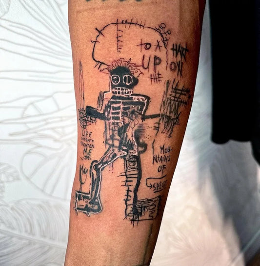 abstract man skeleton blackwork illustration with texts tattoo on forearm