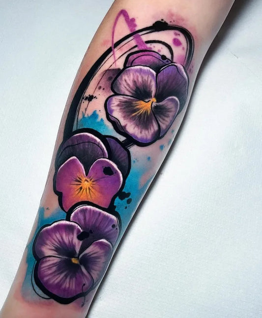watercolor 3 purple violet flowers tattoo on forearm