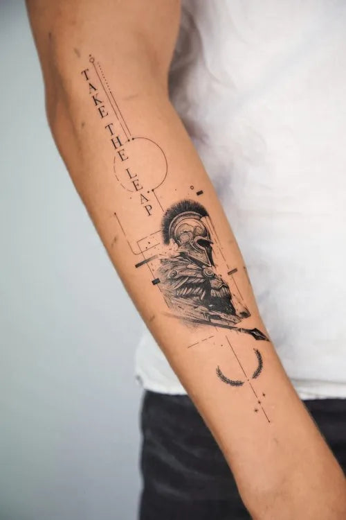 geometric warrior with helmet forearm tattoo