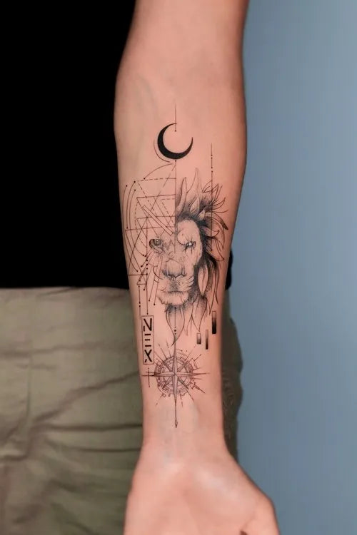 geometric lion tattoo inner arm