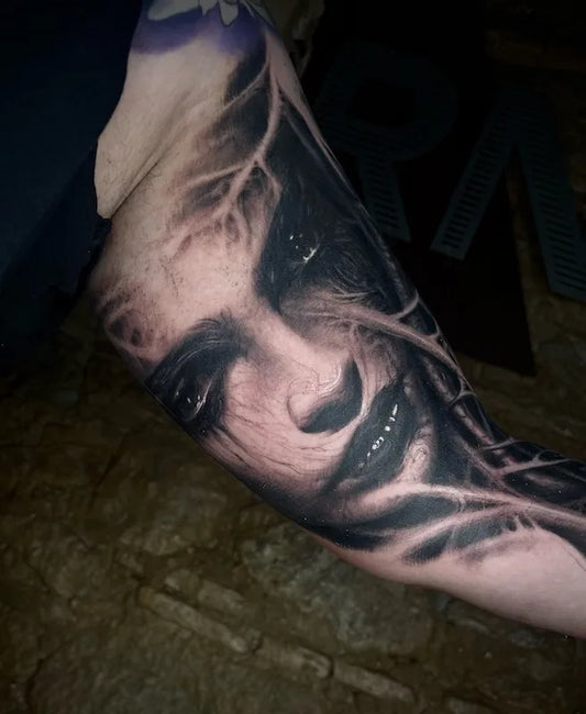 woman portrait black and grey darkwork realism tattoo