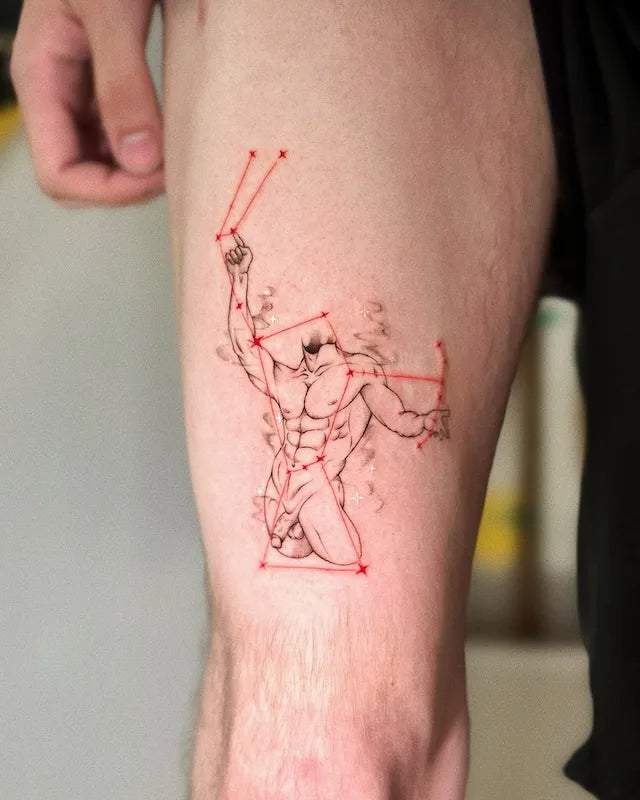 nude guy and red constellation abstract tattoo