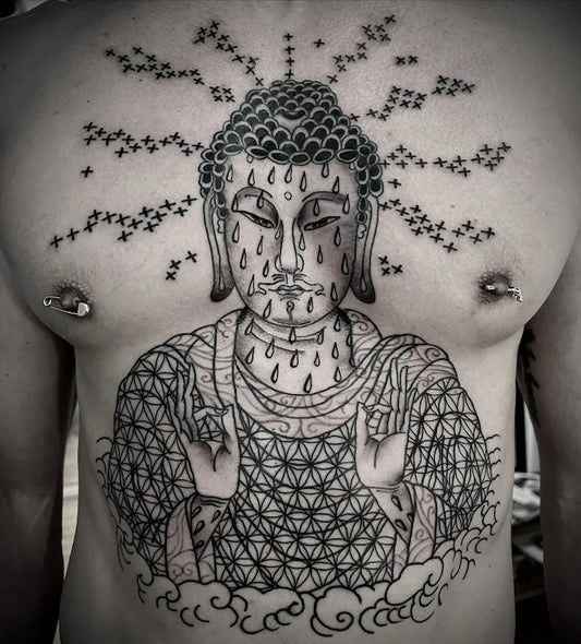 geometric sweating giant buddha tattoo on man chest