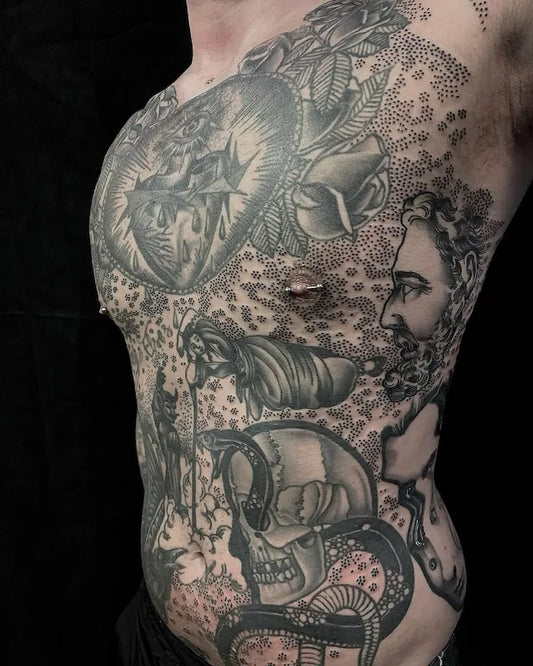 geometric black and grey abstract tattoo on man full body