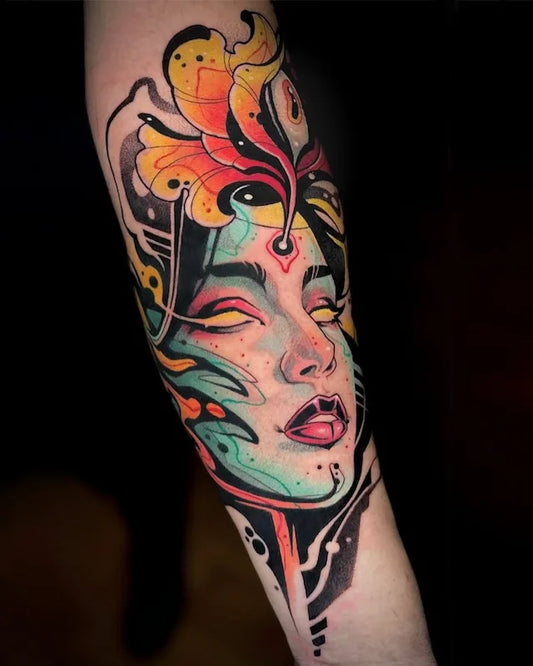 colorful new school neo-traditional woman face tattoo on arm