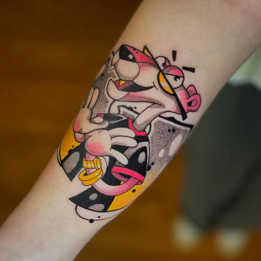 colorful pink panther new school neo-traditional dotwork tattoo on forearm
