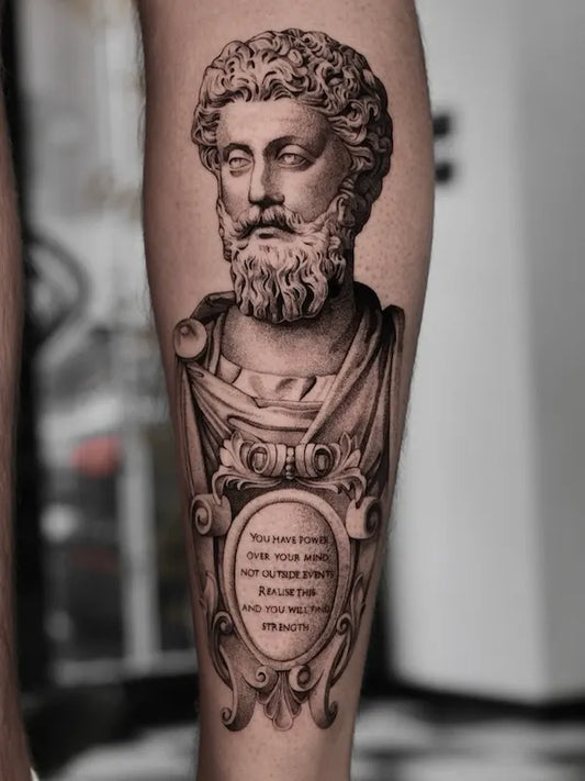 black and grey realism Marcus Aurelius tattoo