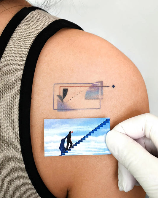 Bang Bang Basil color geometric abstract tattoo on woman shoulder