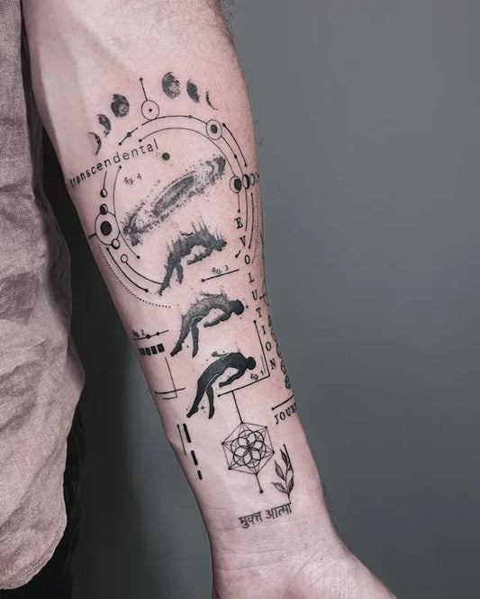 abstract geometric human universe black and grey tattoo on forearm