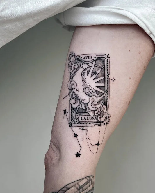la luna moon tarot card black and grey tattoo on bicep