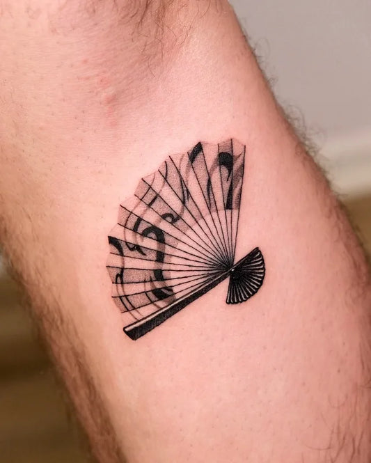 black and grey dotwork japanese fan tattoo
