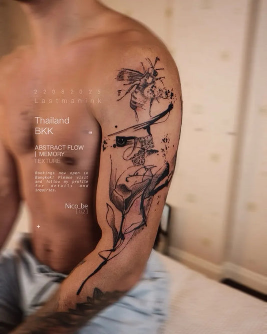 Big Abstract Bee Flower Abstract Tattoo on Men Arm by @lastmanink