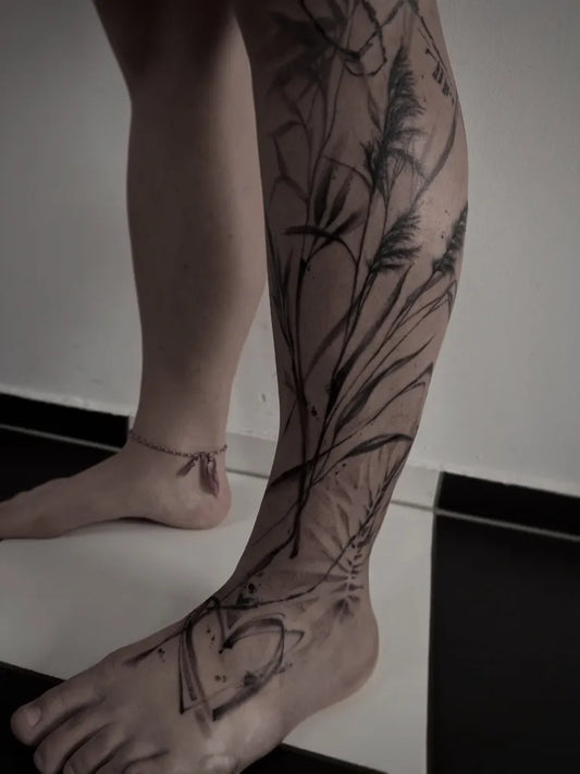 Big Abstract Grass Plants Tattoo on Women Leg by @ta_terka_