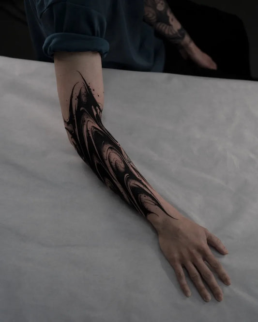 Big Abstract Swirling Black Lines Tattoo on Men Arm by @bgxgrim
