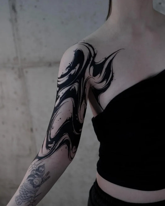 Big Abstract Swirling Black Shapes Tattoo on Women Shoulder by @bgxgrim