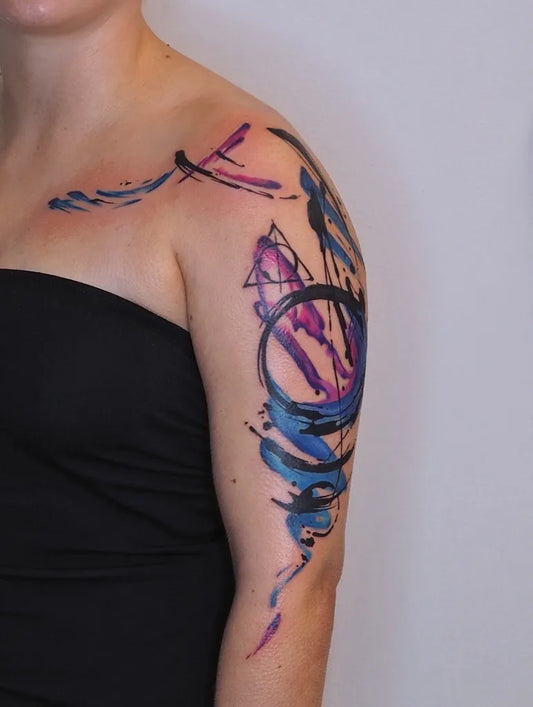 Big Abstract Watercolor Wings and Geometric Shapes Tattoo on Women Shoulder by @moni_lien_pham