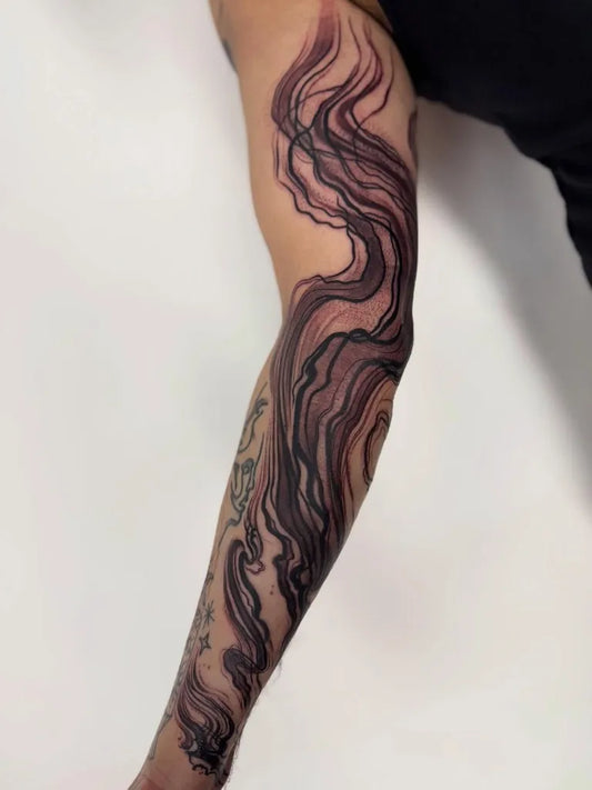 Big Abstract Wavy Lines Tattoo on Men Arm by @hannahkeuls