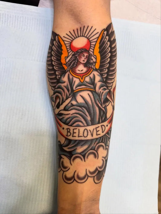 Big American Traditional Angel with Banner on Men Arm Tattoo by @ryanshawink