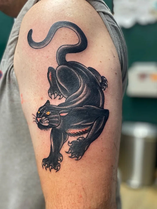 Big American Traditional Black Panther on Men Arm Tattoo by @ocelottreats_tattoos