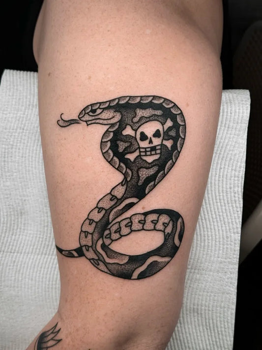 Big American Traditional Cobra Skull on Men Arm Tattoo by @chloemoontattoo