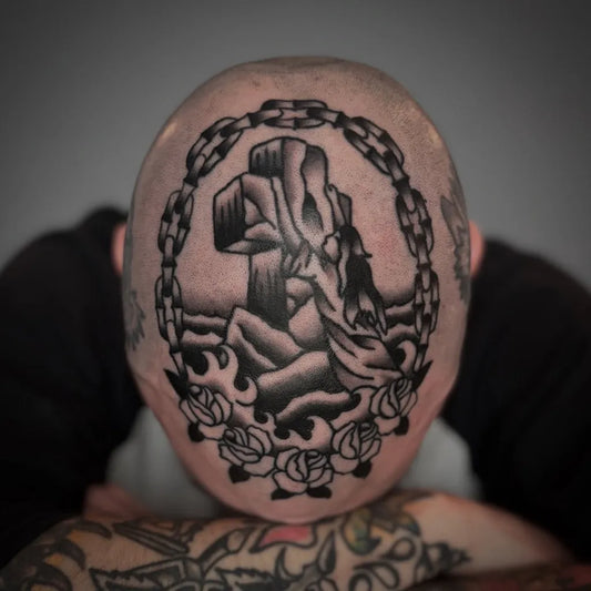 Big American Traditional Cross with Mermaid and Chain Tattoo on Men Head by @jeffgleasontattoo